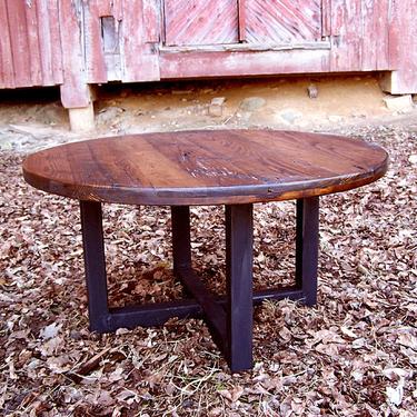 Free Shipping! Reclaimed wormy chestnut round coffee table with industrial metal base 
