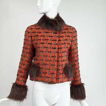 SOLD Chanel Silver Metallic &amp; Brick Red Tweed Faux Fur Trimmed Jacket