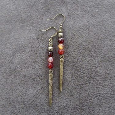 Minimalist earrings, brass modern earrings, unique ethnic earrings, mid century earrings, bronze earrings, orange agate statement earrings 