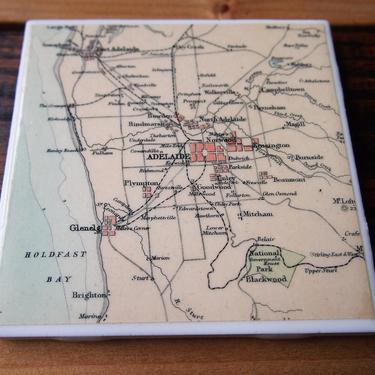 1922 Adelaide Australia Map Coaster. Australia Gift. Adelaide Map. Australian Décor. Coastal Australia. Vintage Map Holdfast Bay Travel Gift 