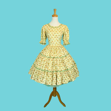 CUTE 1950s Vintage Summer Dress Novelty Flower Print Cotton Puff Sleeves Circle Skirt Patio Dress Square Dancing  Size M 