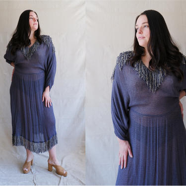 Vintage 80s Woven Fringe Dress/ 1980s Batwing Cotton Dress/Sybil/ Size Large 