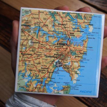 1969 Sydney Australia Handmade Repurposed Vintage Map Coaster - Ceramic Tile - Repurposed 1960s Rand McNally Atlas - Australian Decor 