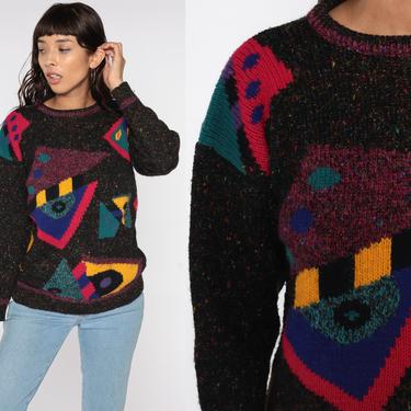 Geometric Sweater 80s Flecked Knit Brown Abstract Print Pullover Sweater Triangle Print Yellow Pink Vintage Retro Long Sleeve Jumper Small 