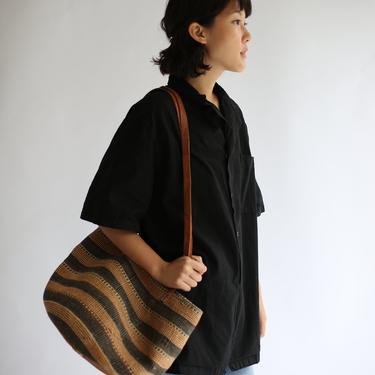 Vintage Woven Stripe Sisal Straw Market Tote | Africa Veg tan Leather Handles | Woven Tote Bag | Vintage Summer Bag | Farmer Market Bag 