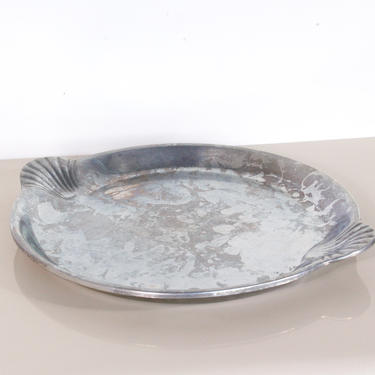 Large Round Vintage Pewter Serving Plate / Platter with Shell Handles 