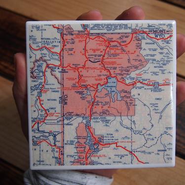 1953 Yellowstone National Park Handmade Repurposed Vintage Map Coaster - Ceramic Tile - Repurposed 1950s Rand McNally Atlas - Wyoming 