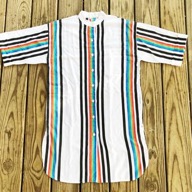 Vintage 60s 70s Dotti Union Made White Black Rainbow Vertical Striped Short Sleeve Long Oversized Shirt Blouse S 