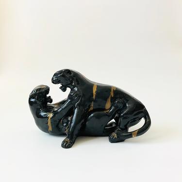 Large Vintage Fighting Panthers Ceramic Sculpture 
