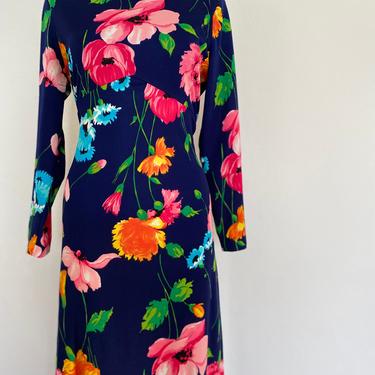 1970's Vintage HOSTESS DRESS, floral maxi dress long sleeve hostess dres, neon floral print maxi dress, spring dress, mod hippie boho 