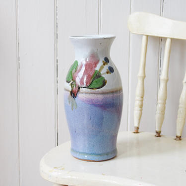 Glazed Stoneware Vase with Floral Design | Vintage Hand Made Ceramic Pottery Vase with Floral Design | Artist Signed 