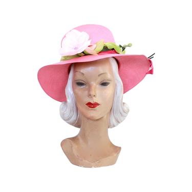 1960s Pink Straw Sun Hat - Vintage Pink Sun Hat - 1960s Floral Sun Hat - Vintage Floral Sun Hat - 1960s Pink Hat - 1960s Summer Hat 