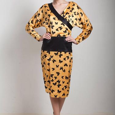 vintage 80s Flora Kung silk dress butterfly print gold yellow black drop waist cummerbund SMALL S 