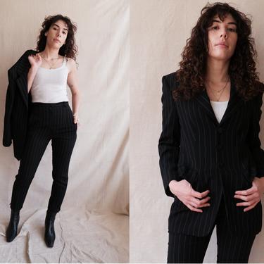 Vintage 90s Black Pinstripe Suit/ 1990s High Waisted Peg Leg Pant Suit/ Black Jacket and Trousers/ Size Small 