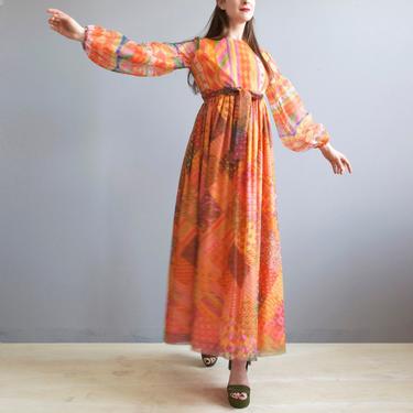 70s orange chiffon maxi dress / XS S 
