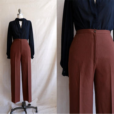Vintage 70s Chestnut Brown Wool Trousers/ 1970s High Waisted Brown Wide Leg Pants/ Size 24 