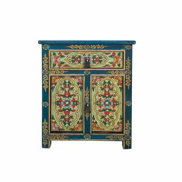 Teal Blue Light Green Tibetan Style Floral End Table Nightstand cs7077E 