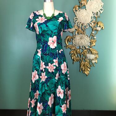 1980s hawaiian dress, tropical print dress, vintage 80s dress, flutter sleeve dress, hibiscus print, palm fronds, small medium, midi dress 