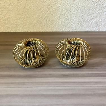 Pair of Mid Century Spring Wire Candle Holders Gold tone  Metal Retro Vintage Design 