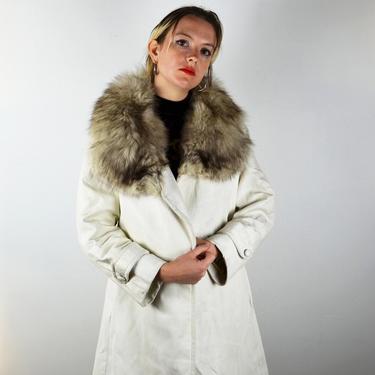 Vintage 60s White Leather Coat / 1960s Fur Collar Coat / Medium Large / Mod Mad VLV / Pea Coat Jacket 1950s 1960s Womens Clothing 