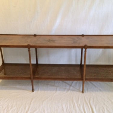 Vintage, antique, mid century. Baker furniture, sofa console table 2 tier cane shelf 