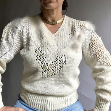 Vintage White Angora Wool Acrylic Blend 80's Embellished Sweater by Christine, Size Small 