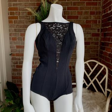 1960s Sears Goth Witchy Lace Insert Swimsuit