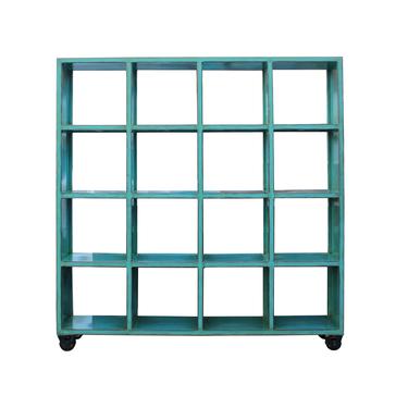 Distressed Bright Blue Display Curio Cabinet Room Divider on Wheels cs5412S