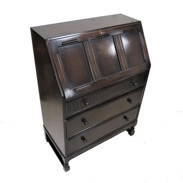 Solid Wood Desk | Vintage English Dark Oak Drop Front Secretary Desk 