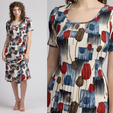 90s Tulip Print Midi Dress - Small | Vintage Floral Pleated Boho Short Sleeve Grunge Dress 