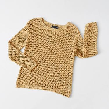 vintage open knit sweater, 90s beige cotton pullover, size M 