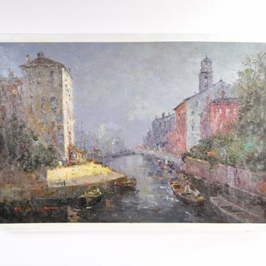 Impressionist Oil Painting Venetian Canal Scene w Cathedral Bell Tower 