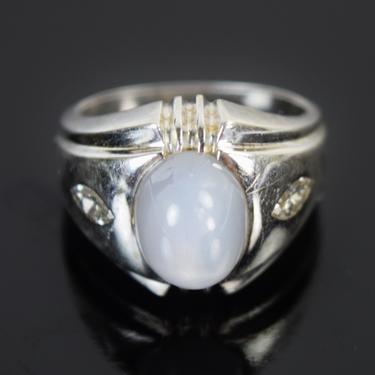 Vintage White Star Sapphire w Marquis Diamonds 14k Solid White Gold Pinky Ring 