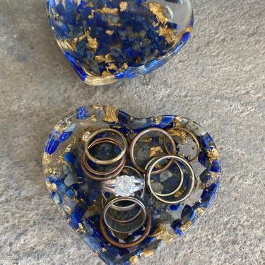 Resin Lapis and Gold Leaf Crystal Filled Heart Catchall Card Holder Jewelry Ring Holder Tealight Holder 