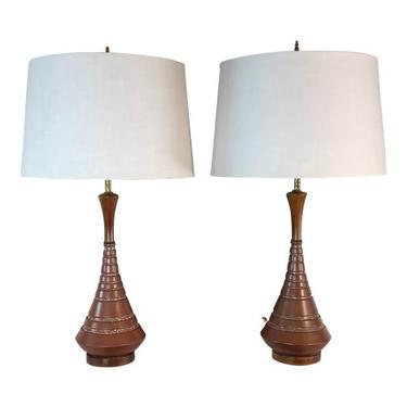 1960s Brown Ceramic &amp; Walnut Wood Table Lamps, Pair by 2bModern