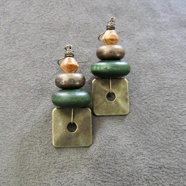 Hammered bronze earrings, geometric earrings, unique mid century modern earrings, ethnic earrings, bohemian earrings, statement green 