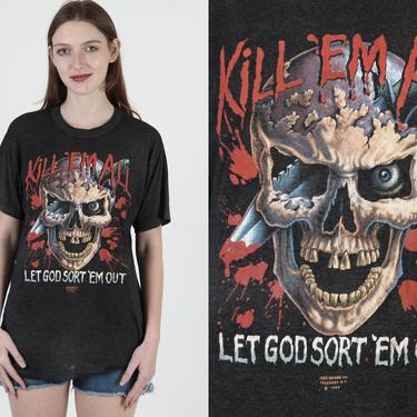 1989 Just Brass Kill Em All T Shirt, Vintage 80s 3D Emblem, Let Got Sort Em Out Skeleton Tee,  Biker Soft Thin Skull Graphic 