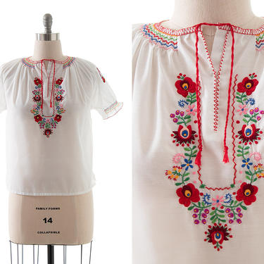 Vintage 1970s Peasant Top | 70s Floral Embroidered White Puff Sleeve Hungarian Bohemian Blouse (medium/large) 
