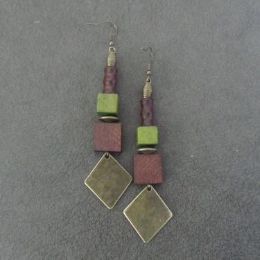 Long wooden earrings, Afrocentric African earrings, bold earrings, statement earrings, geometric earrings, rustic natural earrings, green 2 