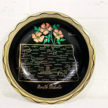 True Vintage Metal North Dakota Serving Bowl Souvenir Retro Round Mid-Century Barware Black White Green Wild Praire Rose Bar Bismarck 