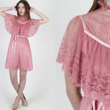 Sheer Lace Capelet Bodice Dress / Vintage 70s Plain Pink Saloon Dress / Simple Shiny Skirt Solid Color Mini Dress 