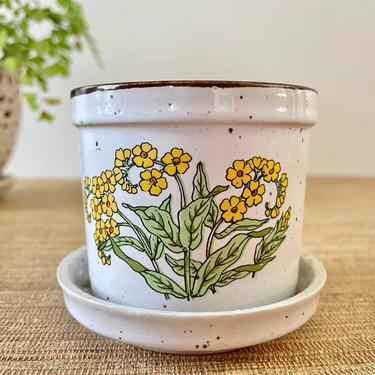 Vintage Planter - Small Ceramic Speckled Floral Planter with Saucer - Made in Japan 
