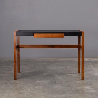 Compact Jens Risom Desk Solid Walnut and Black Leather Mid Century 