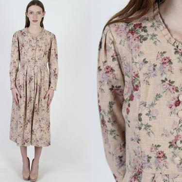 Vintage 80s Laura Ashley Floral Dress / 1980s Sage Rose Flower Dress / Womens Garden Lawn Clothing / Tan Midi UK 12 US 10 