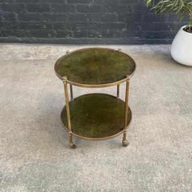 Vintage Brass Accent Rolling Side Table with Leather Tops 