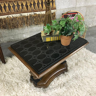 LOCAL PICKUP ONLY Vintage Coffee Table Retro 1970's Bohemian Textured Rectangular Stone Top with Carved Wood and Metal Bottom Detailing 