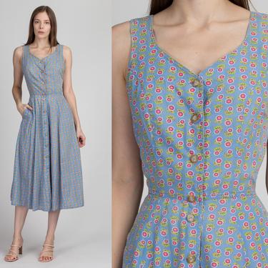 90s Blue Floral Button Front Sundress - Medium | Vintage Lizsport Boho Sleeveless Pocket Midi Dress 