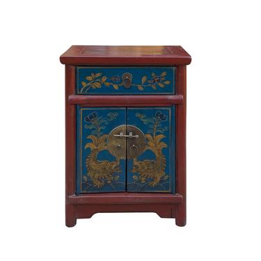 Chinese Brick Red Teal Golden Graphic End Table Nightstand cs7173E 