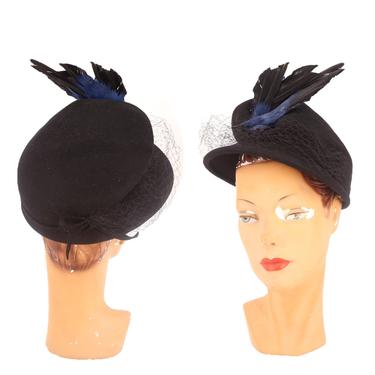 40s bird wing hat / vintage 1940s NY CREATIONS Florence Yingst felt tilt topper cocktail 30s 