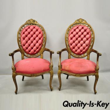 Pair Vintage Hollywood Regency French Pierce Carved High Back Gold Arm Chairs
